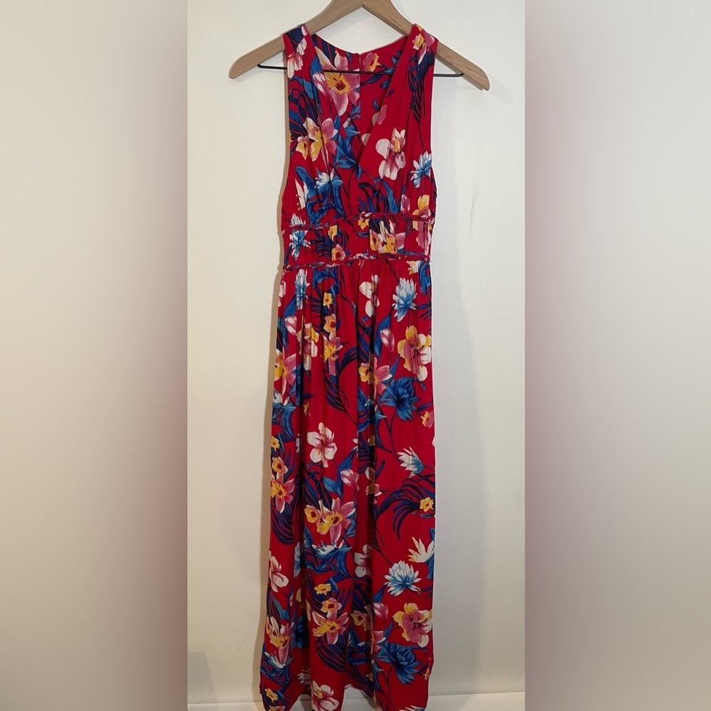 Japna Floral V Neck Sleeveless Racerback 5 Button Red Maxi Dress Size Medium